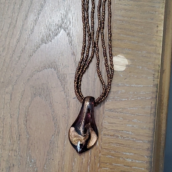 None Jewelry - Elegant Brown glass pendant with seed Bead strand Necklace